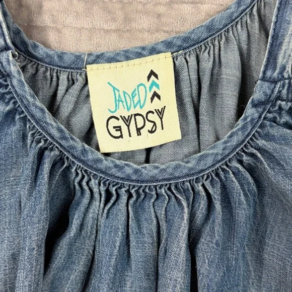 Jaded Gypsy Denim Tank Dress Blue Cotton Ruffle Hem Boho Mini S/M Made in USA - Picture 7 of 11
